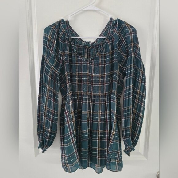 Melissa Paige Tops - Melissa Paige Green Plaid Blouse with Ruffled Long Sleeves